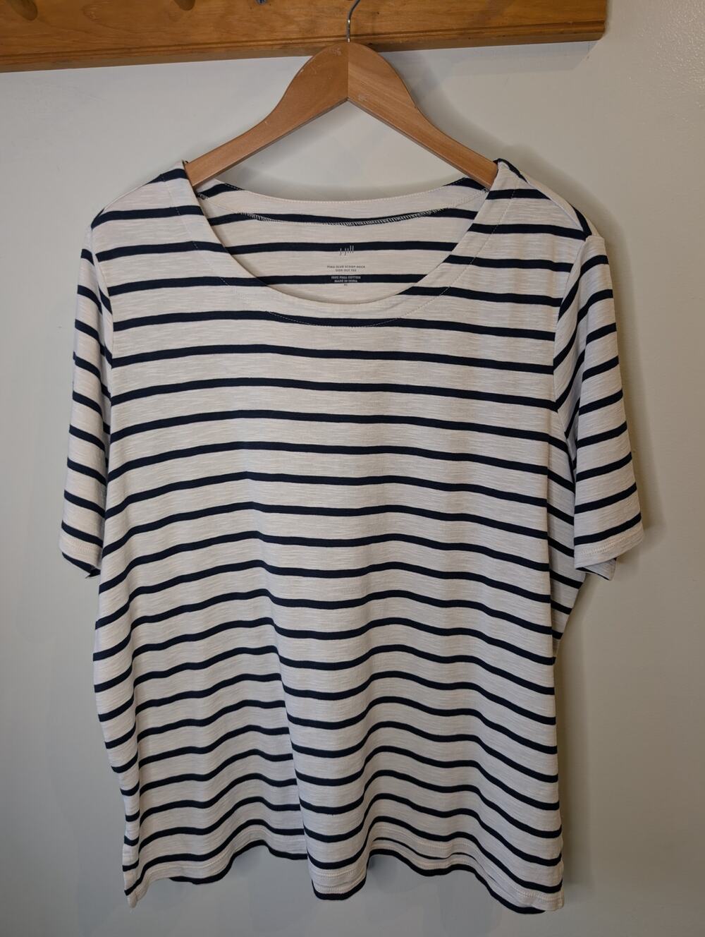 J. Jill Pima Cotton Breton Stripe Scoop Neck Side Slit Tee Black White XL